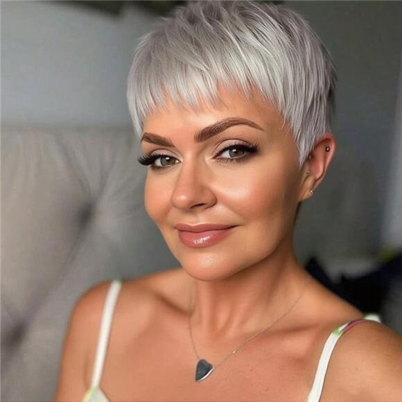 6 Inch Grey Pixie Cut Human Hair Wig With Bangs Short Straight Layered - Picture 5 of 6